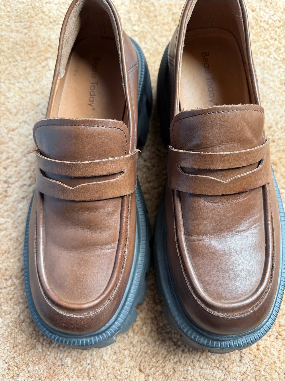 Beau Today Brown Leather Chunky Lug Sole Penny Loafers Shoes